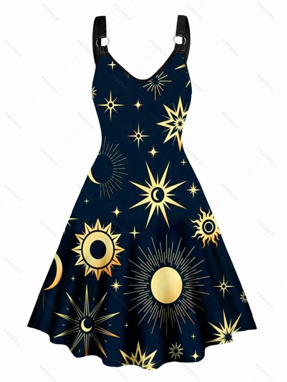 Robe Ligne A Etoile Lune Soleil Galaxie Imprimés Partout sans Manches à Col V - Bleu de Minuit XXL | US 12