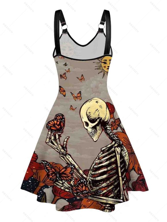 Robe Ligne A à Bretelle Anneau en O Papillon Squelette Fleurie Imprimés sans Manches - café lumière S | US 4