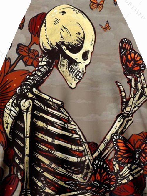 Robe Ligne A à Bretelle Anneau en O Papillon Squelette Fleurie Imprimés sans Manches - café lumière S | US 4