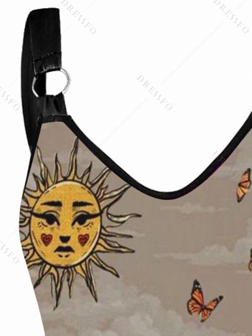 Robe Ligne A à Bretelle Anneau en O Papillon Squelette Fleurie Imprimés sans Manches - café lumière S | US 4