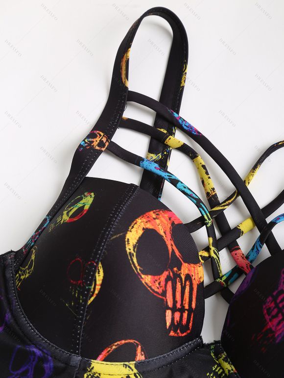 Ensemble de Bikini Triangle à Bretelle Fine Croisé Crâne Imprimé à Lacets Deux Pièces - Noir XXL | US 14
