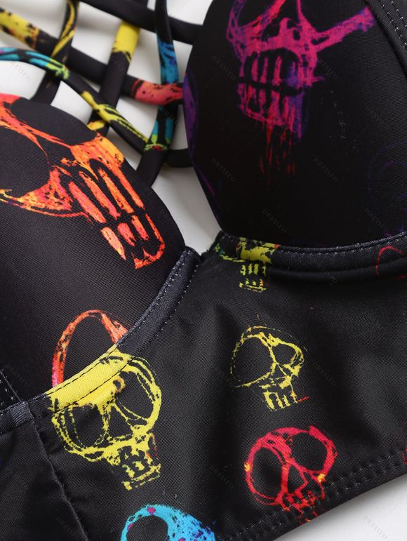 Ensemble de Bikini Triangle à Bretelle Fine Croisé Crâne Imprimé à Lacets Deux Pièces - Noir XXL | US 14