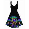Galaxy Colorful Mushroom Print V Neck Dress O Ring Straps Sleeveless A Line Tank Dress