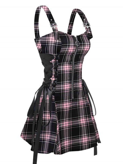 Retro Plaid Print Lace Up Dress O Ring Half Zipper Adjustable Buckle Strap Sleeveless Dress