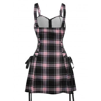 Retro Plaid Print Lace Up Dress O Ring Half Zipper Adjustable Buckle Strap Sleeveless Dress