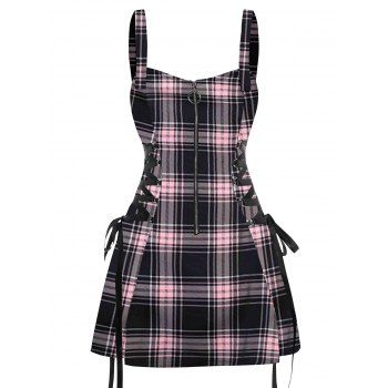 Retro Plaid Print Lace Up Dress O Ring Half Zipper Adjustable Buckle Strap Sleeveless Dress 