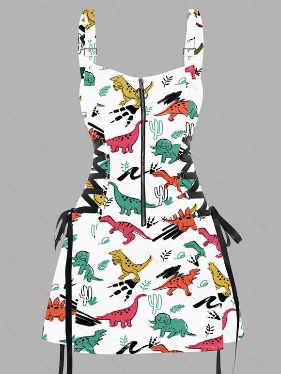 Colorful Animal Print Lace Up Dress O Ring Half Zipper Adjustable Buckle Strap Sleeveless Dress - WHITE S | US 4