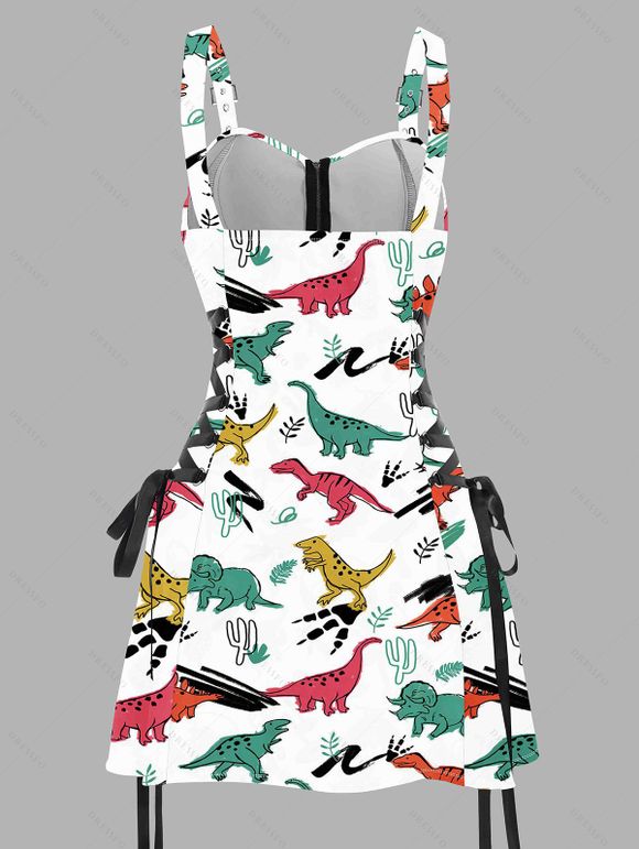 Colorful Animal Print Lace Up Dress O Ring Half Zipper Adjustable Buckle Strap Sleeveless Dress - WHITE S | US 4