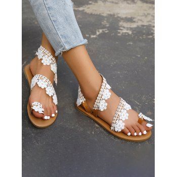 Summer Boho Floral Lace Slip On Flat Sandals Toe Ring Casual Beach Sandals