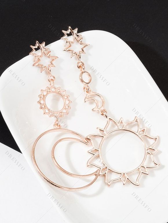 Boucles D'Oreilles Pendantes Asymétriques Motif Lune Etoile et Soleil à Sculpture Creuse - Or de Rose 