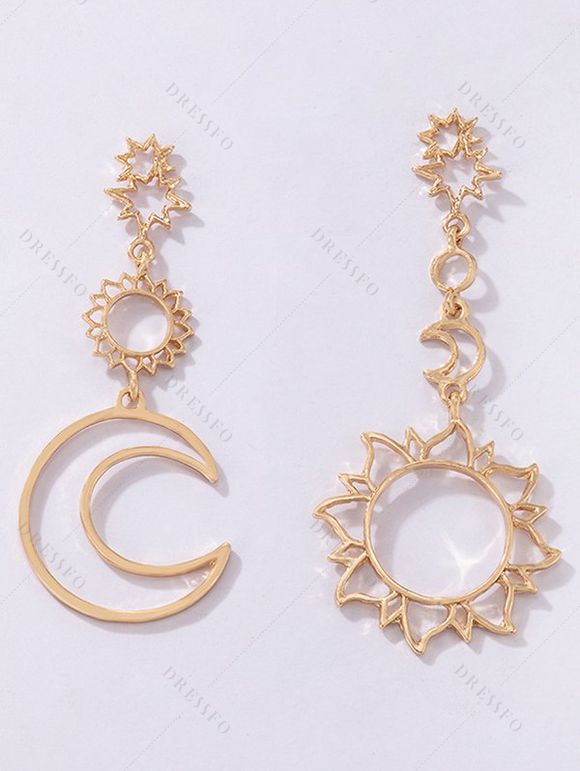 Boucles D'Oreilles Pendantes Asymétriques Motif Lune Etoile et Soleil à Sculpture Creuse - Or de Rose 