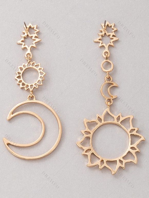 Boucles D'Oreilles Pendantes Asymétriques Motif Lune Etoile et Soleil à Sculpture Creuse - Or de Rose 