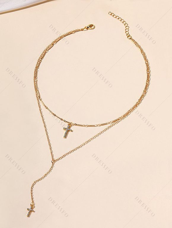 Collier Chaîne Superposé Croisé Faux Cristal avec Strass - d'or 