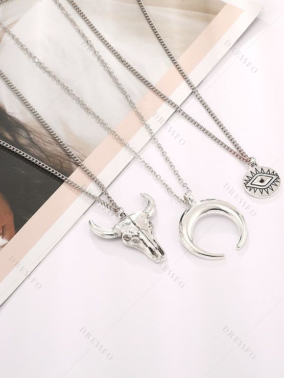 Collier Chaîne Géométrique Tête de Vache à Plusieurs Couches - Argent 