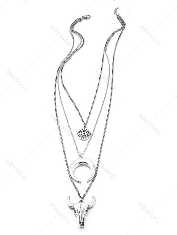 Collier Chaîne Géométrique Tête de Vache à Plusieurs Couches - Argent 