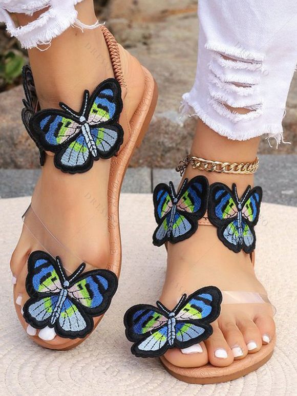 Boho Butterfly Embroidered Design Flat Sandals Open Toe Elastic Band Casual Beach Shoes - multicolor EU 39