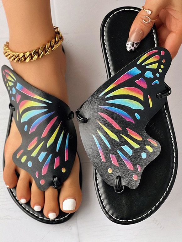New Fashion Colorful Butterfly Printed Flip Flops Ladies Casual Beach Sandals - Noir EU 43