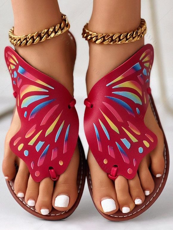 New Fashion Colorful Butterfly Printed Flip Flops Ladies Casual Beach Sandals - Rouge EU 36