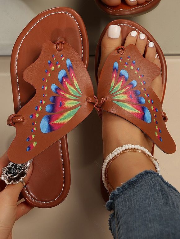 New Fashion Colorful Butterfly Printed Flip Flops Ladies Casual Beach Sandals - café EU 43
