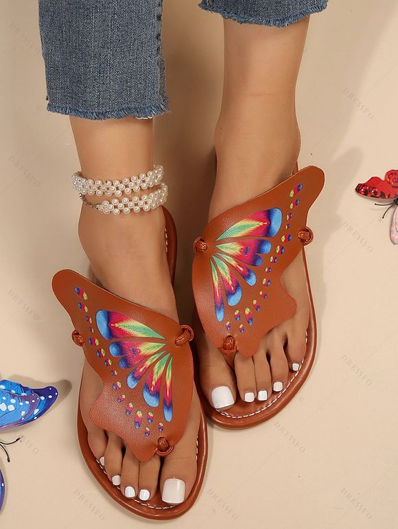 New Fashion Colorful Butterfly Printed Flip Flops Ladies Casual Beach Sandals - café EU 42