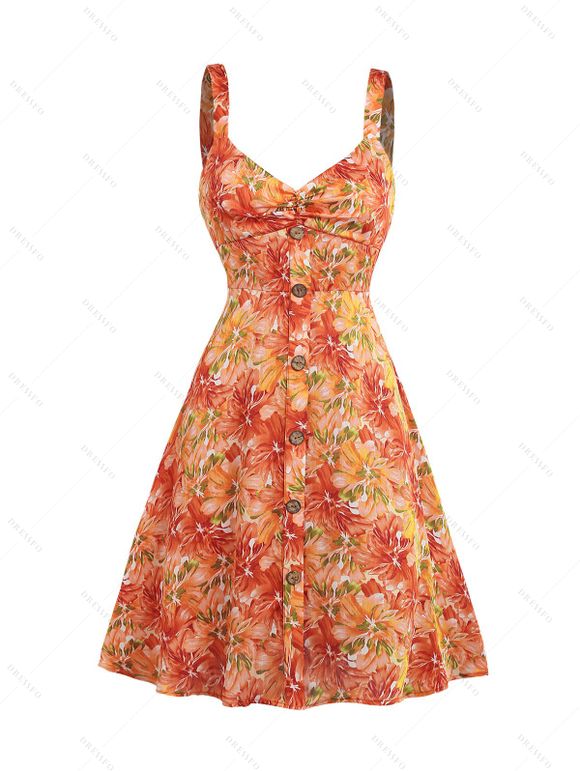 Robe D'Eté Fleurie Imprimée avec Bouton Poitrine à Volants - Orange XL | US 12
