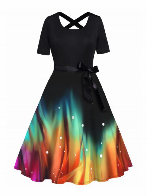 Plus Size Galaxy Colorful Print Dress Belted High Waisted Crisscross Short Sleeve A Line Midi Dress