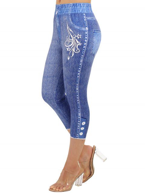 Legging Décontracté Capri Fleur Imprimée à Taille Elastique en Faux Denim