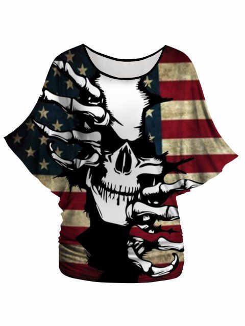 Skull American Flag Print Oblique Shoulder Batwing Sleeve Loose Independence Day T-shirt