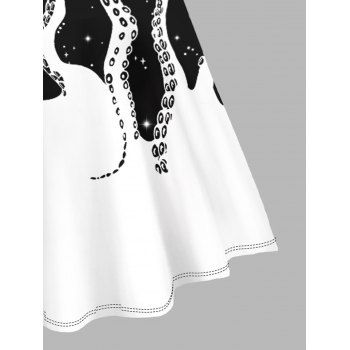 Plus Size Celestial Octopus Pattern V Neck Dress O Ring Straps Sleeveless A Line Tank Dress