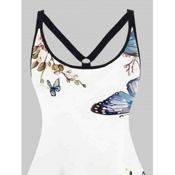 Plus Size Butterfly Floral Print O-ring Strap Dress V Neck Sleeveless Summer Casual Beach A Line Dress