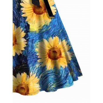 Plus Size Van Gogh Sunflower Print Dress Belted High Waisted Crisscross Short Sleeve A Line Midi Dress