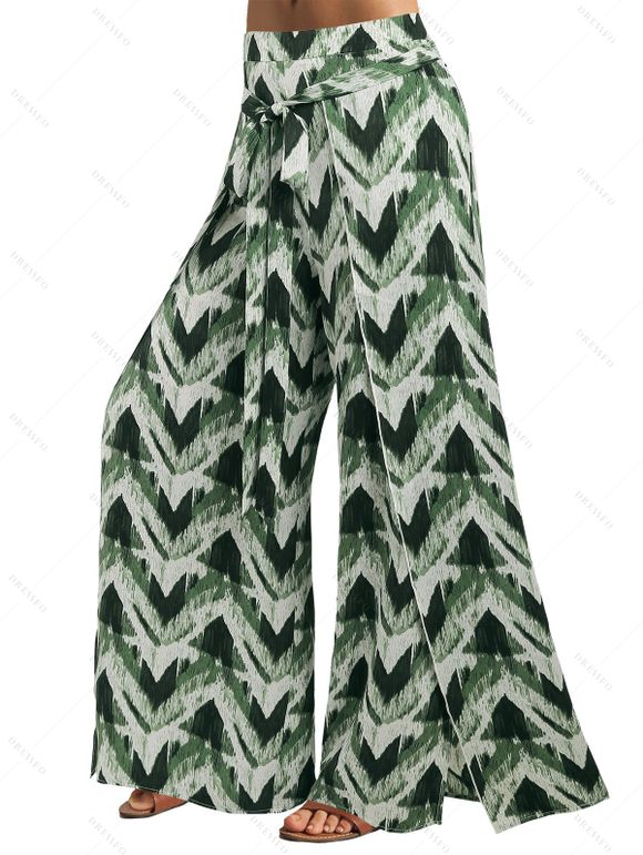 Pantalon D'Eté Long Fendu Ceinturé Tie Dye à Taille Elastique - Vert M | US 6