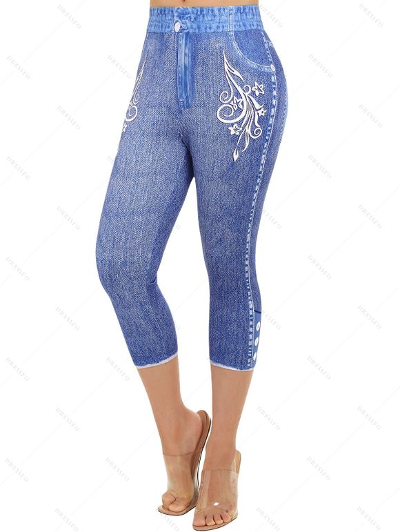 Legging Décontracté Capri Fleur Imprimée à Taille Elastique en Faux Denim - Bleu S | US 4