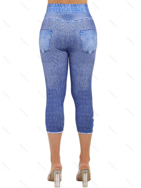Legging Décontracté Capri Fleur Imprimée à Taille Elastique en Faux Denim - Bleu S | US 4