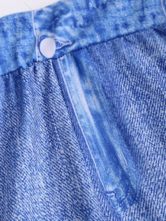 Legging Décontracté Capri Fleur Imprimée à Taille Elastique en Faux Denim - Bleu S | US 4