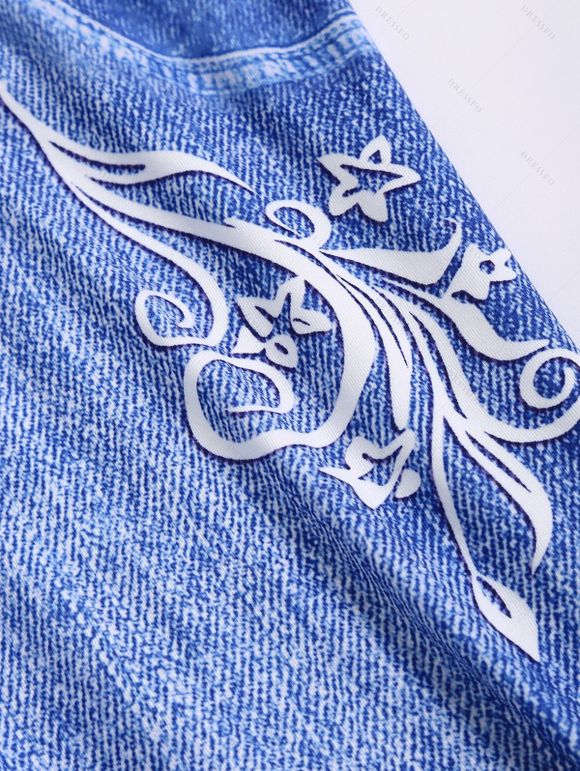 Legging Décontracté Capri Fleur Imprimée à Taille Elastique en Faux Denim - Bleu S | US 4