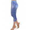 Legging Décontracté Capri Fleur Imprimée à Taille Elastique en Faux Denim - Bleu XL | US 12