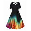 Plus Size Galaxy Colorful Print Dress Belted High Waisted Crisscross Short Sleeve A Line Midi Dress