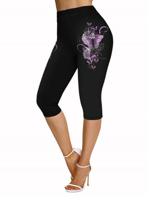 Legging Capri Moulant Décontracté Papillon Imprimé à Taille Elastique