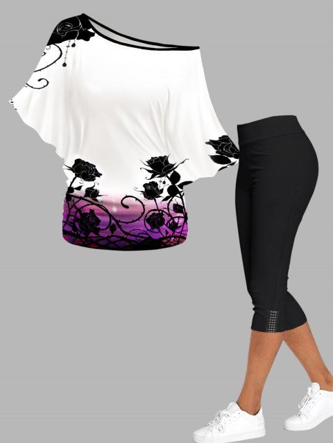 T-shirt Capri Imprimé Rose à Épaules Dénudées à Taille Élastique