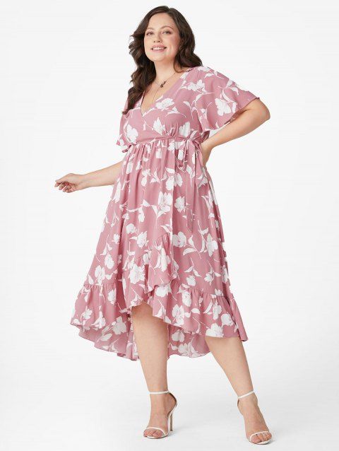 Robe D'Eté Péplum Fleur Imprimée Partout de Grande Taille Ourlet à Volants