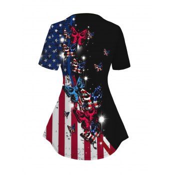 Butterfly Distressed American Flag Print T-shirt V Neck Short Sleeve Waisted Casual Tee