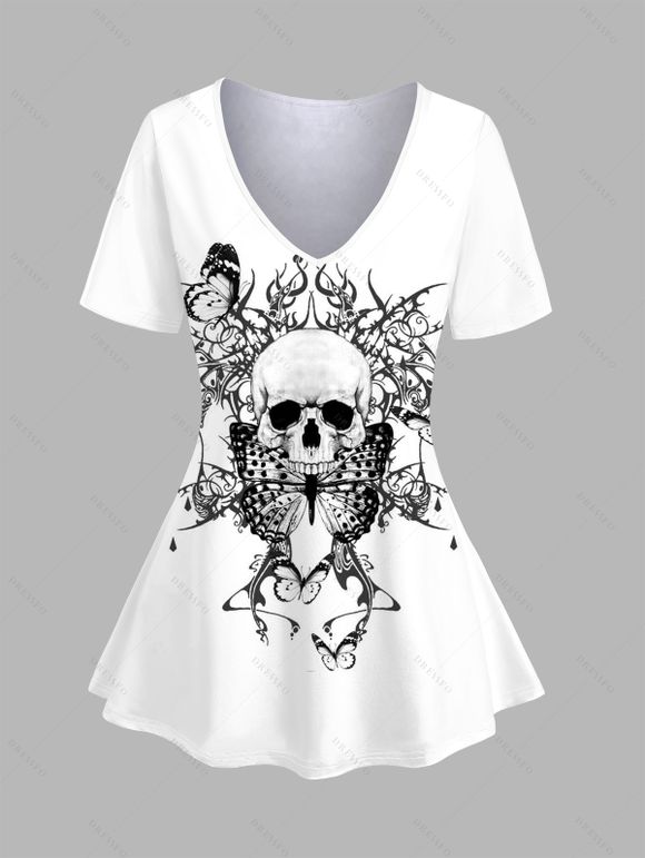 T-shirt Décontracté Papillon Crâne Imprimés à Manches Courtes à Col V - Blanc M | US 6
