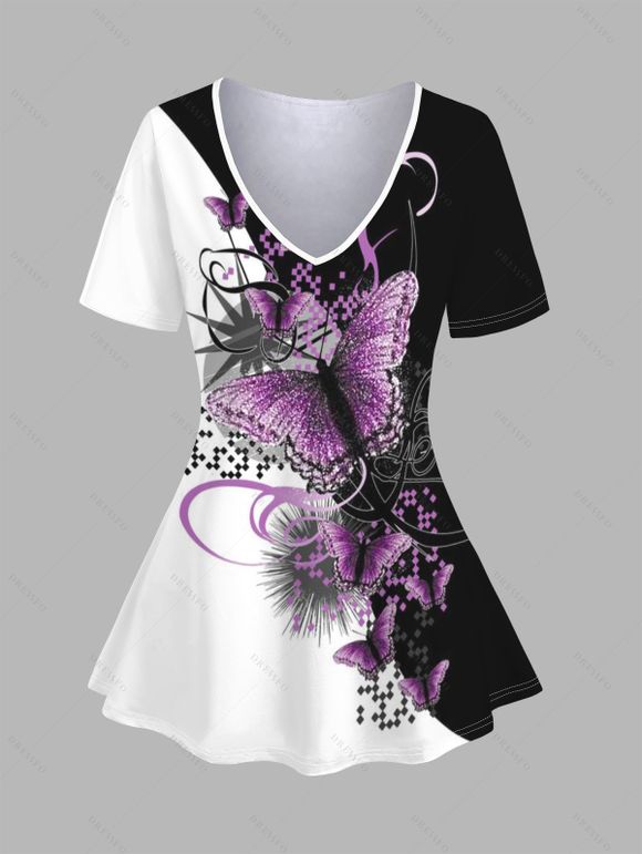 T-shirt Décontracté Brillant Papillon Imprimé Manches Courtes à Col V - Blanc XXL | US 14