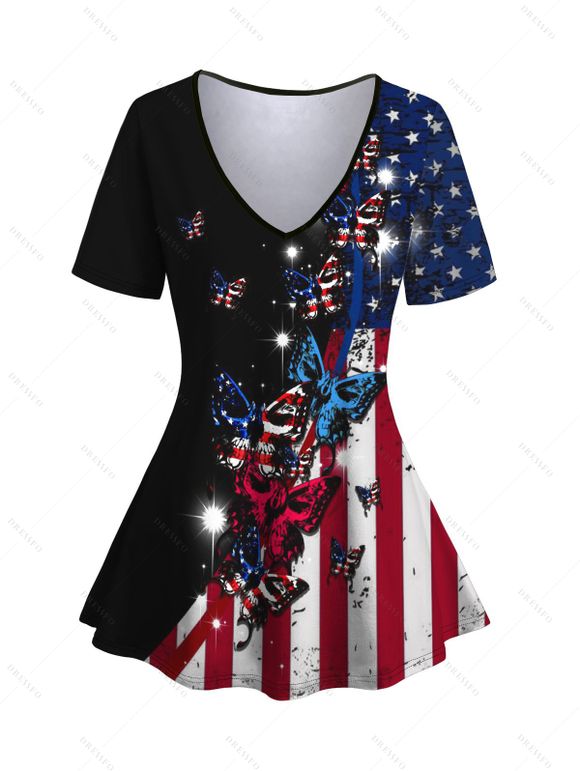 T-shirt Décontracté Drapeau Américain Papillon Imprimé à Taille Empire - multicolor A M | US 6