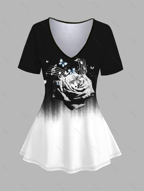 T-Shirt Décontracté à Col en V avec Imprimé Roses et Papillon - Noir XL | US 12