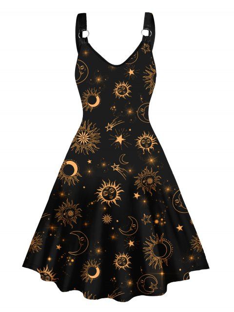 Robe Ligne A à Bretelle Etoile Lune Soleil Galaxie Imprimés sans Manches