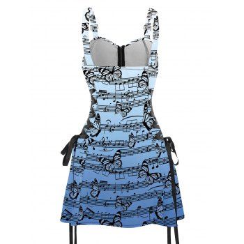Butterfly Music Score Print Lace Up Dress O Ring Half Zipper Adjustable Buckle Strap Sleeveless Dress