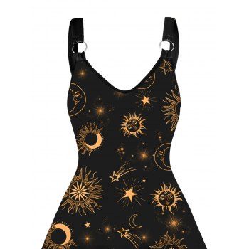 Allover Galaxy Sun Moon Star Celestial Print Straps Sleeveless Tank Dress O Ring V Neck A Line Dress