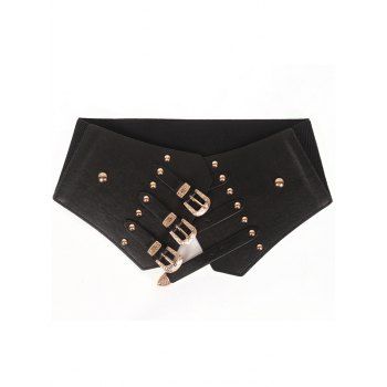 Fashion Punk Solid Color Adjustable Three Buckle Rivet PU Elastic Wide Belt